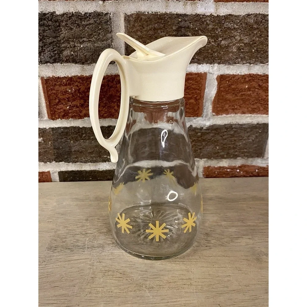 Vintage Log Cabin Syrup Pitcher Dispenser Gold Stars Starburst Clear Glass MCM